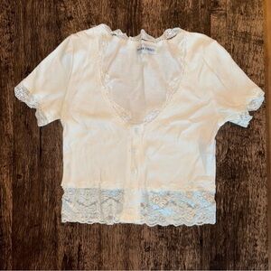 White Lace Trim Button-Up Top